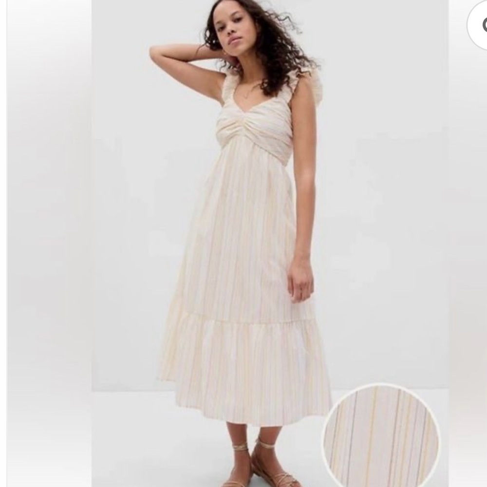 GAP Ruched Tiered Striped Midi Dress Size Large Cream Yellow Smocked